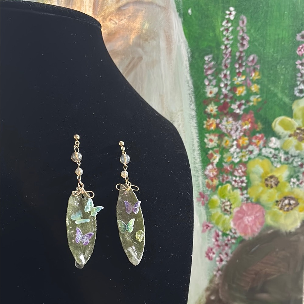 Green, Gold and Purple Butterfly Sage Leaf Earrings